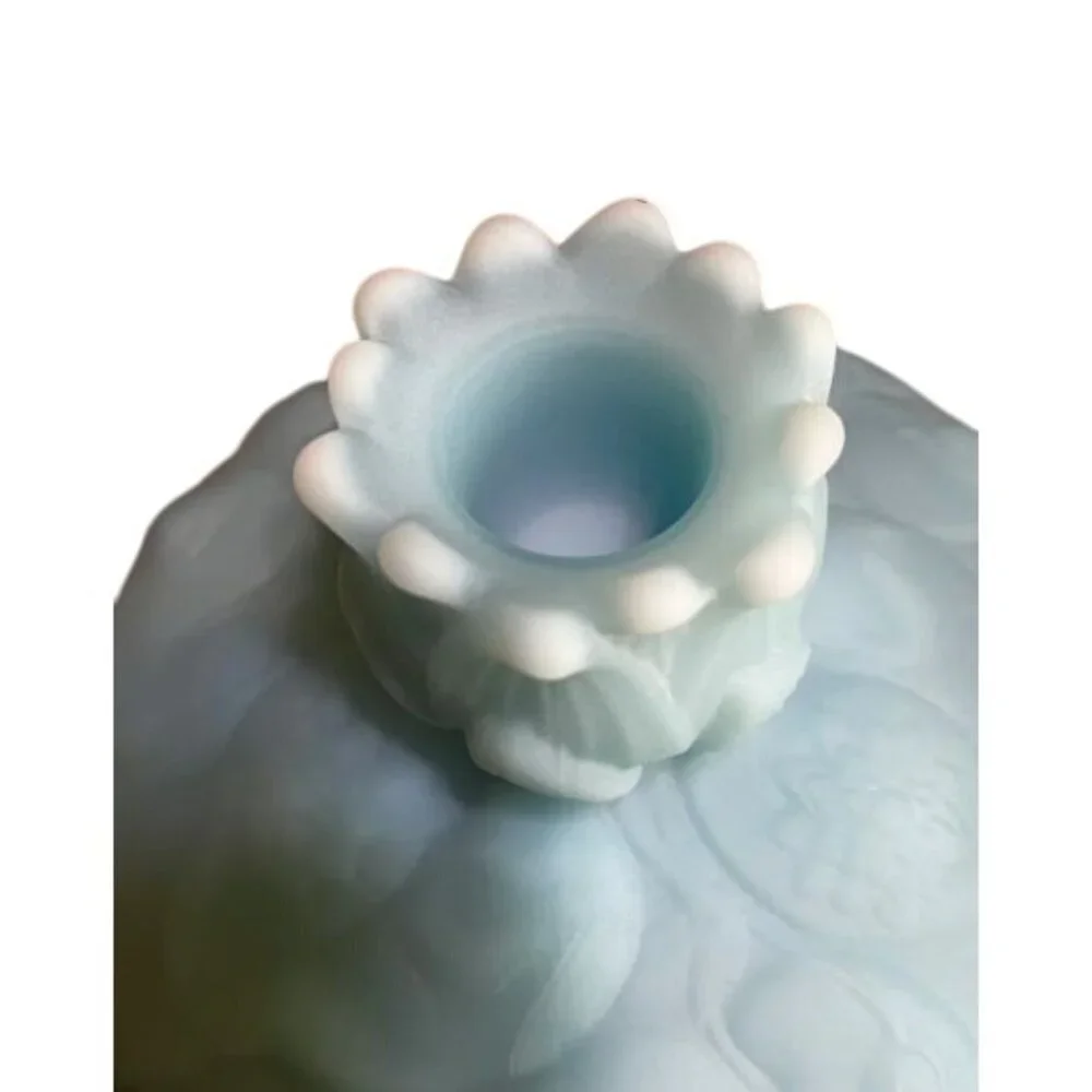 2 Vintage Fenton blue satin glass candleholders with‎ lily of the valley pattern